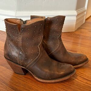 Lucchese brass-studded brown leather booties